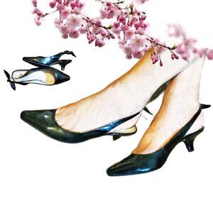 New Life Stride Black Faux Leather Pointy Heels Singback W/ Bow Shoes Size 7.5 M